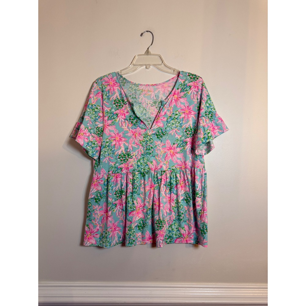 Lilly Pulitzer Babydoll Top Women Large Pink Green Blue Sea Turtle Floral Cotton